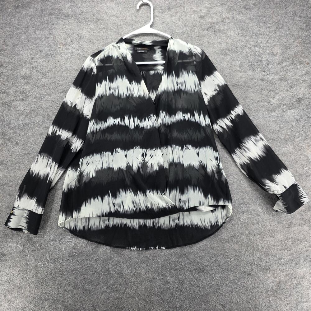 BCBGMAXAZRIA Blouse Tunic Womens L Black V-Neck Long Sleeve Sheer Polyester